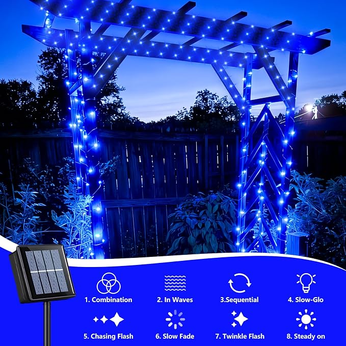 QITONG 4 Pack Solar Fairy Lights, Each 33ft 100 LED Blue Christmas String Light Outdoor Waterproof, 8 Modes Silver Wire Twinkle Mini Lights