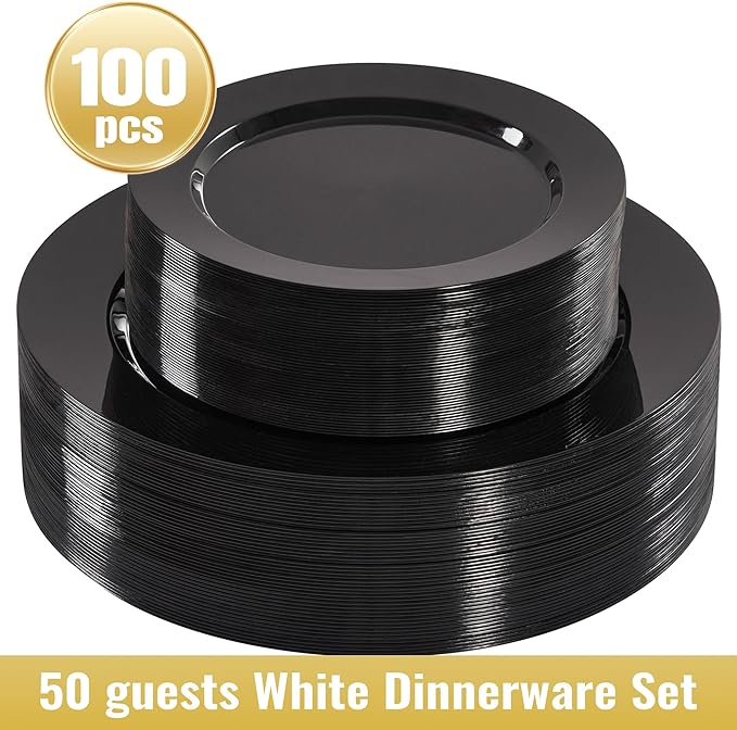 Fijinhom 100PCS Black Disposable Plates for 50 Guests Including 50PCS 10" Dinner Plates & 50PCS 7" Dessert Plates, Black