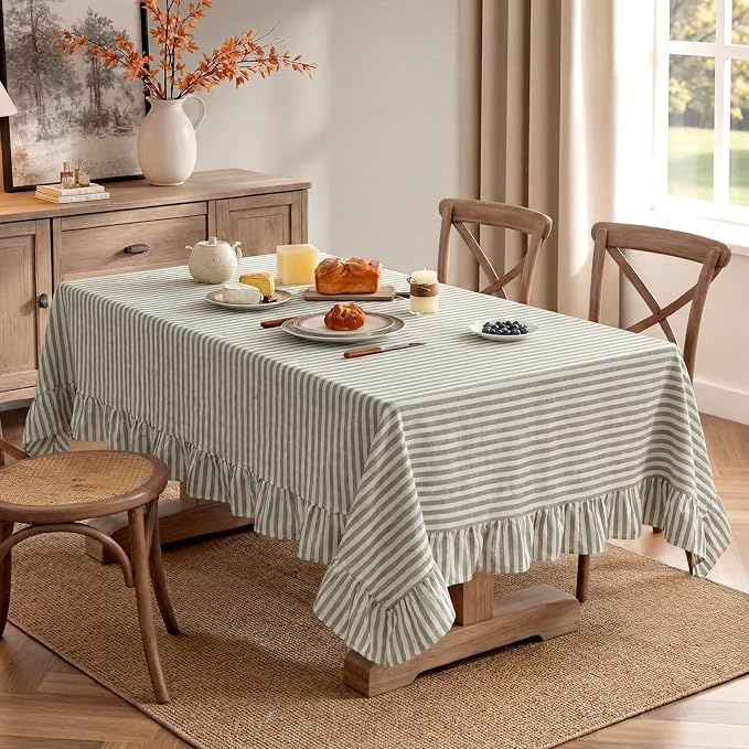 Boao Cotton 52 x 70 Inch Farmhouse Ruffle Tablecloth Sage Green White Striped Flounces Trim Table Cover for Rectangle Table Kitchen Party Wedding Decor