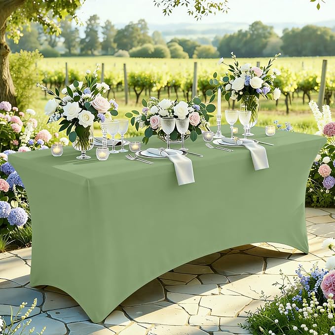 Moosfor Spandex Elastic Fitted 8FT Rectangle Tablecloth 6 Pack, Stretch Washable Reusable Table Cover for Outdoor Picnic, Dining, Wedding, Banquet & Party Events (Sage Green, 96Lx30Wx30H Inch)