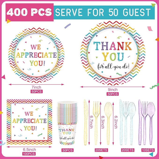 Pickmesh 400 Pcs Thank You Party Plates and Napkin Decoration We Appreciate You Paper Tableware Cups Knives Employee Staff Appreciation Teacher Doctor Party Decor Serve 50