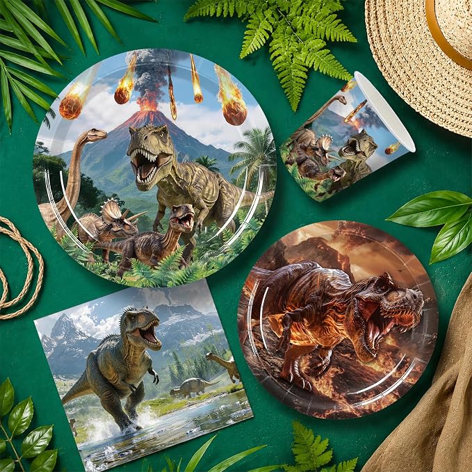 Dinosaur Birthday Party Supplies for 24 Guests, 203PCS Dinosaur Party Decorations with Banner, Tablecloth, Plates, Cups, Napkins, Cutlery, Hanging Swirls, Cake Toppers, Jurassic Party Pack