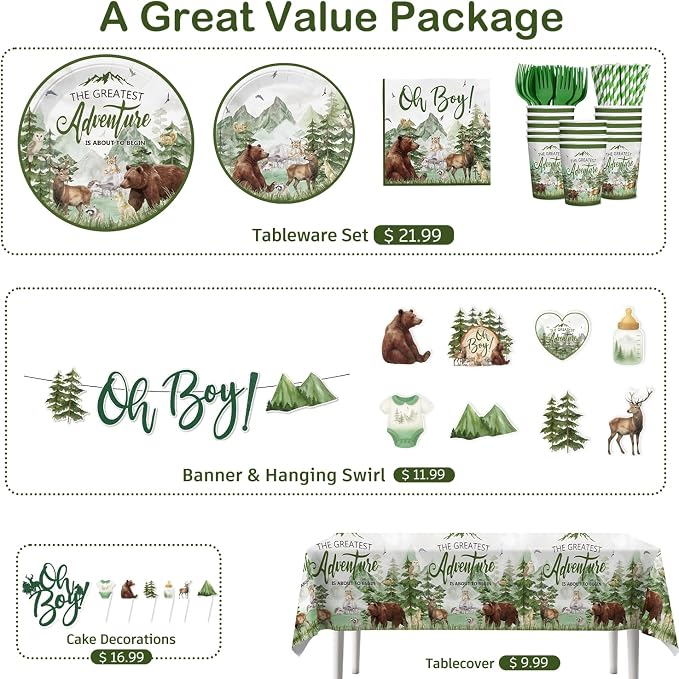 Xynic 144pcs Let The Adventure Begin Baby Shower Decorations Tableware Complete Party Set, Let The Adventure Begin Decorations, Serves 20 Guests, for Boy Baby Shower Party