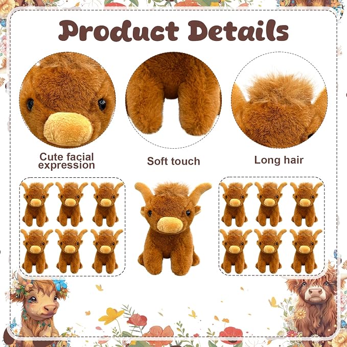 38 Pcs Adopt a Highland Cow Plush Party Favors Include 12 Highland Cows Stuffed Animal 12 Adoption Card 12 Cattle Theme Boxes 1 Adoption Sign 1 Fence for Birthday Party Favors Stress Relief Gifts