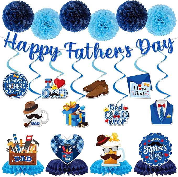 Fathers Day Party Decorations - 19PCS Happy Fathers Day Banners Hanging Swirls Honeycomb Centerpieces Pompoms Party Decor, I Love My Dad Father's Day Holiday Supplies