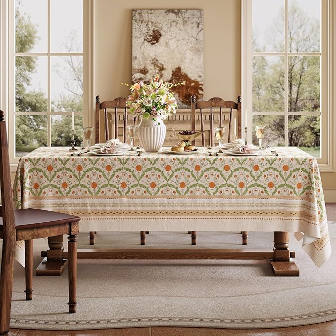 Block Print Thick Linen Tablecloth for Rectangle Tables, Waterproof Wipeable Decorative Table Cover for Dining Kitchen Indoor Outdoor, 55" x 71", 4-6 Seats