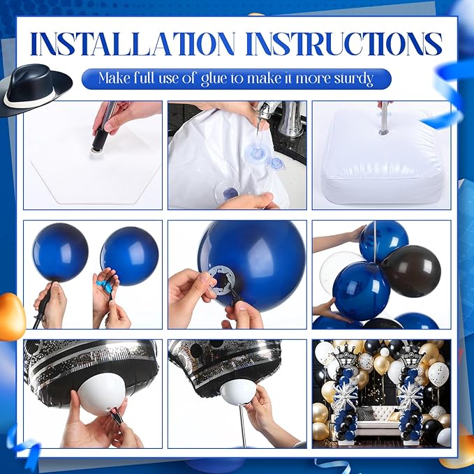 2 Sets Blue and Black Birthday Decorations Balloon Column Stand Kit with Crown, Navy Blue, Black and Silver Balloons Arch Kit for Prom Men Birthday Retirement Baby Shower Wedding Party