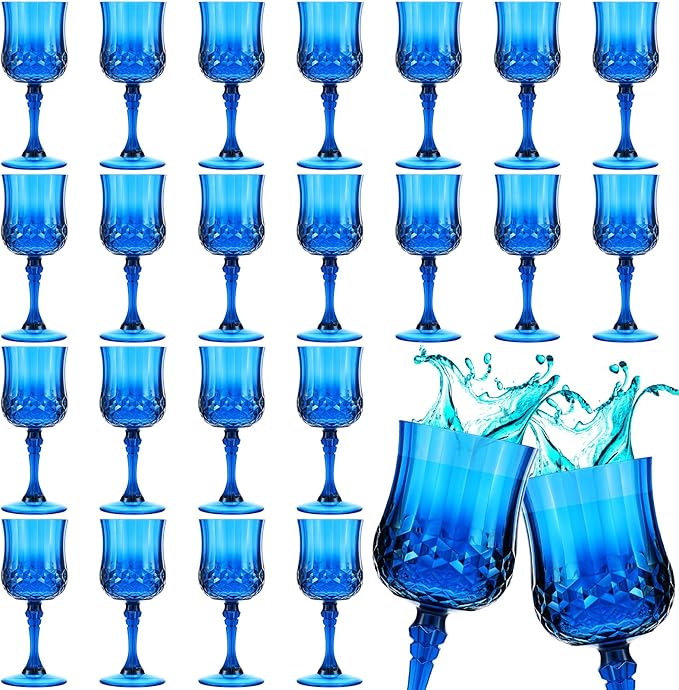 Pinkunn 50 Pcs 7 oz Plastic Vintage Wine Glasses Reusable Colored Goblets Patterned Drinking Water Glasses Cup Dishwasher Safe for Mother's Day Wedding Reception Party Supplies (Dark Blue)
