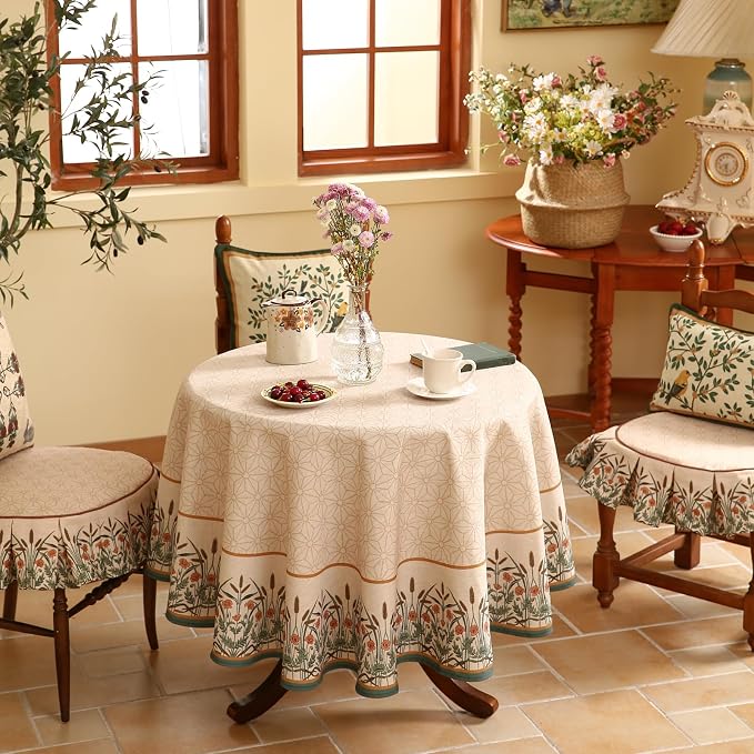 patdrea Vintage French Linen Tablecloth,Round,Diameter 67"-Cudillero | Elegant Floral Table Cloth for Round Table,Natural Beige Block Print,for Dining Room Tea Party Thanksgiving