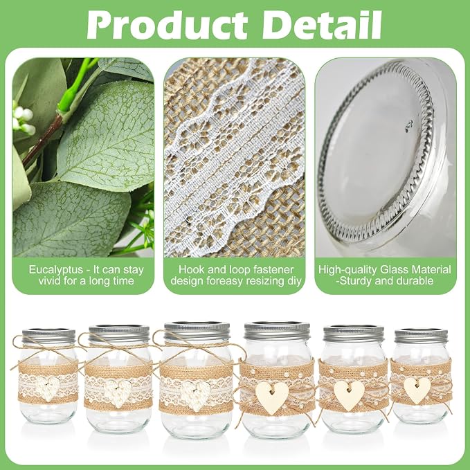 Cinrobiye 6 Sets Rustic Wedding Centerpieces for Tables with Mason Jars, White Rose and Eucalyptus Floral Arrangements, Bridal Shower, Baby Shower, Engagement Party and Farmhouse Table Decorations