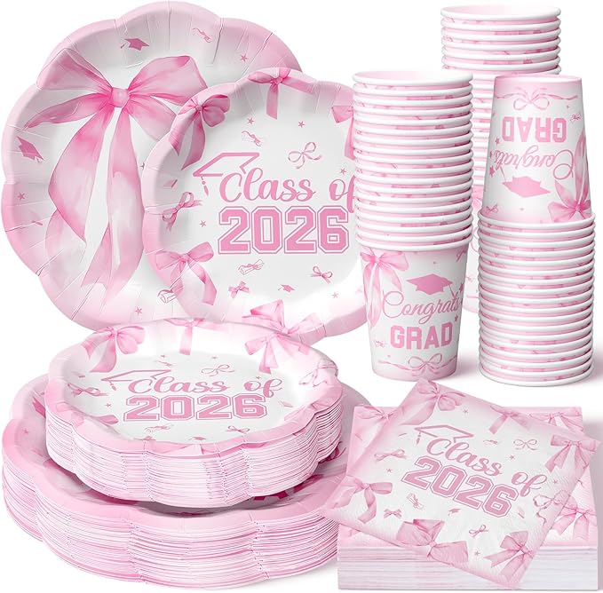 Newtay 250 Pcs Pink Bow Graduation Disposable Plates and Napkins Pink Congrats Grad Disposable Tableware Set for 50 Guests Paper Plates Napkins Cups for Girls Nurses Graduation Party Supplies
