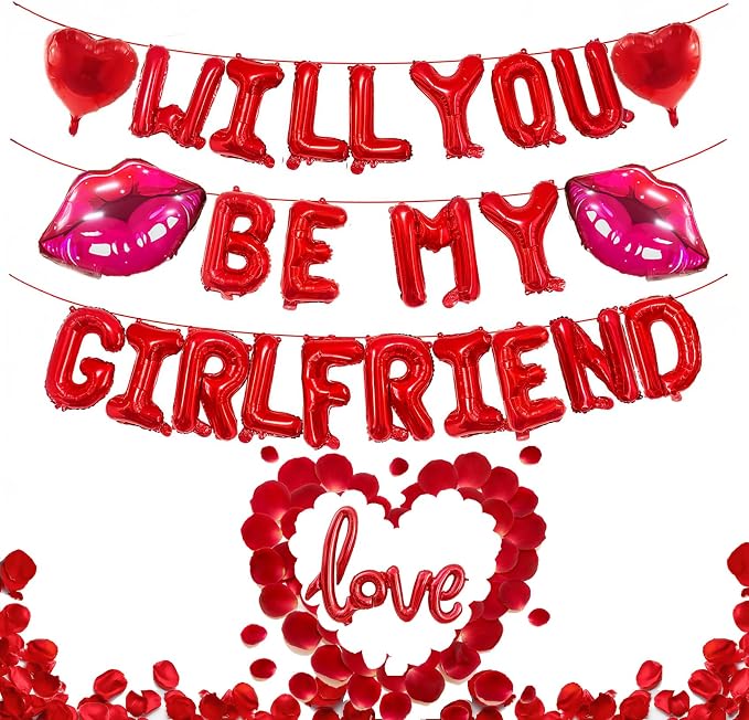 Red 'WILL YOU BE MY GIRLFRIEND' Confession Letter Balloons with red and pink balloons,Heart-Shape, lips, love Foil Balloons and Rose Petals for Romantic Special Night Decorations and Valentines Day