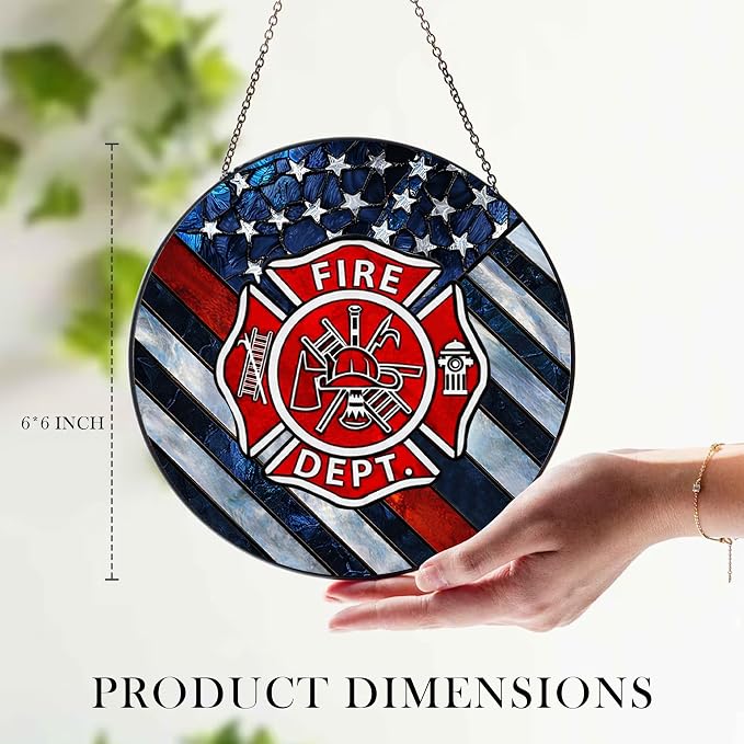 Firefighter Stained Glass Suncatcher 6x6'', Fire Academy Graduation Gift, Fire Department Decor, Firefighter Retirement Gifts, Firefighting Gifts for Men, Memorabilia Keepsake