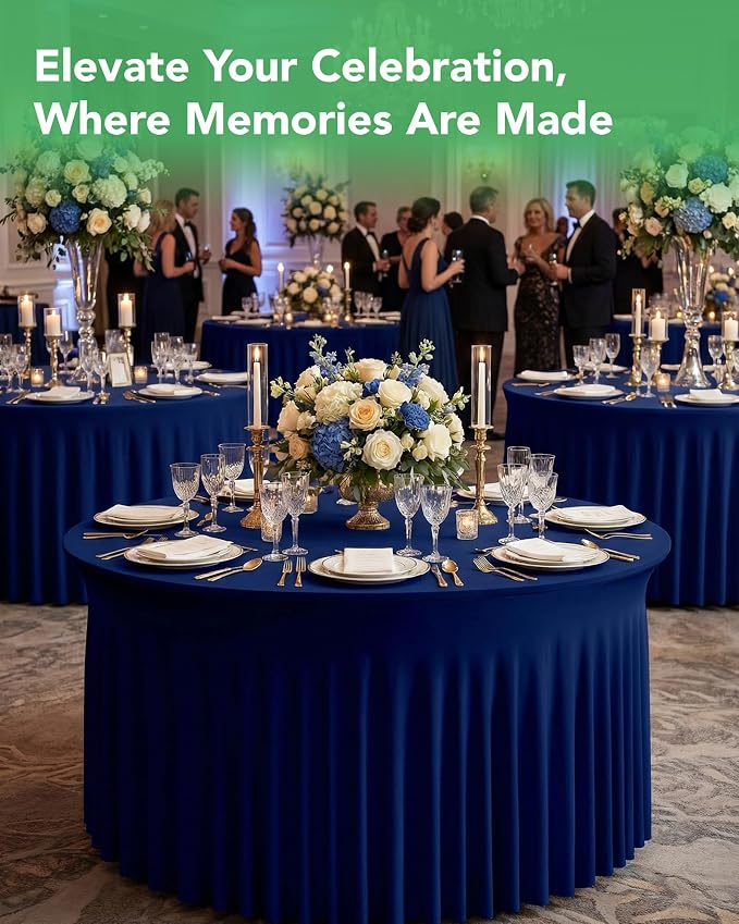 6 Pack Spandex Table Cover Skirts for 60 inch Round Tables, Navy Blue Stretch Table Cloths with Floor-Length Ruffle, Elastic Fitted Skirted Tablecloth for Elegant Wedding Banquet Party Buffet Deco