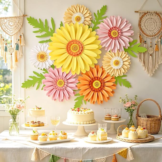 SUNBEAUTY Paper Flowers Decorations for Wall 3D Giant Daisy Artificial Flowers Bulletin Board Decoration Floral Paper Flowers Hanging for Spring Classroom Office Decor Wedding Baby Shower Garden Party