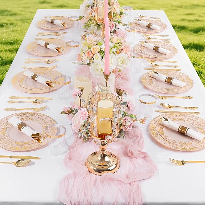 GATHER 350PCS Pink and Gold Plastic Plates - Gold Disposable Dinnerware Set Include 50 Dinner Plates, 50 Dessert Plates, 150 Plastic Silverware, 50 Napkins, 50 Cups for Wedding & Mother's Day
