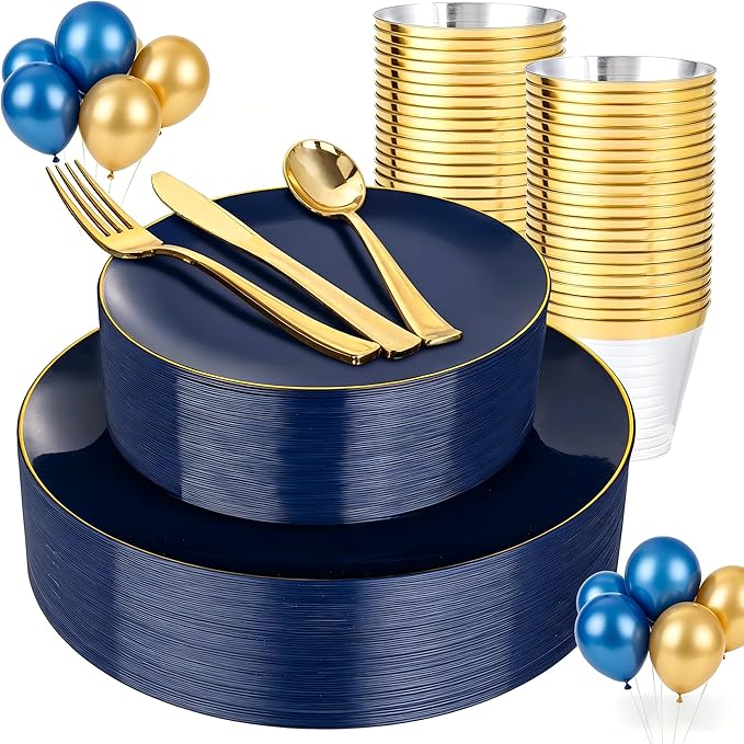 WDF 150pcs Blue plastic Plates - Navy Blue Plates Disposable - 25guest Disposable Dinnerware Sets for Party/Wedding/Birthday/Graduation