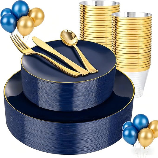 WDF 150pcs Blue plastic Plates - Navy Blue Plates Disposable - 25guest Disposable Dinnerware Sets for Party/Wedding/Birthday/Graduation