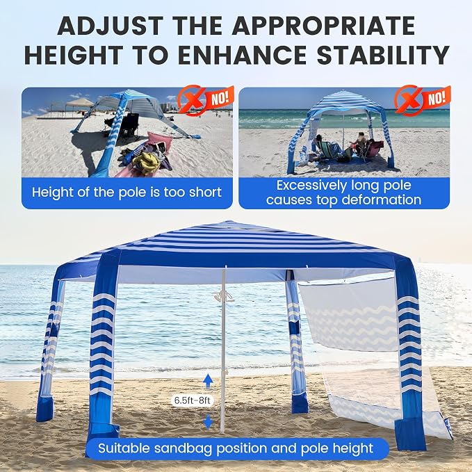 Zeraty Beach Cabana 8'×8', Portable Beach Canopy with Side Wall, UPF 50+ Silver-Coated Beach Tent Sun Shelter Easy Pop Up, Wind Resistant Adjustable Height Beach Umbrella Tent for Family, Navy Blue