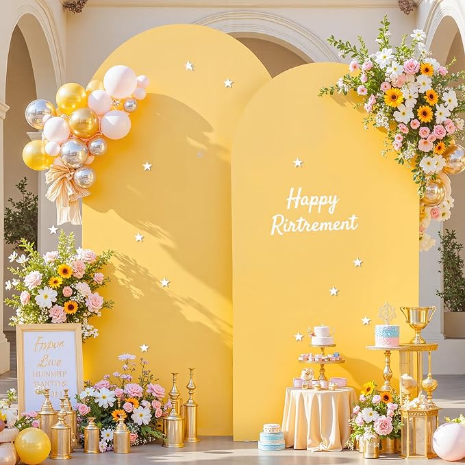7.2FT 6FT Arch Backdrop Cover for Party, Set of 2 Stretchy Spandex Fitted Arch Stand Cover for Baby Shower, Birthday Wedding Decor, Chiara Backdrop Cover with Double-Sided Design(Gold, Yellow)
