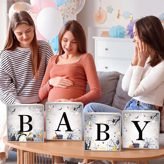 AmazingSpark 4 Pcs Halloween Little Boo Baby Shower Boxes with Letters Ghost Balloon Boxes Decor Blocks Baby Shower Centerpiece for Happy Boo Day Birthday Party Supplies Photography Prop