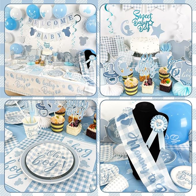 Blue Baby Shower Decorations Boy Blue Gingham Welcome Baby and Body Cloth Banner Plates Napkins Cups Sash Centerpieces Hanging Swirls Tablecloth Cake Topper Balloon Baby Boy Baby Shower Party Decor