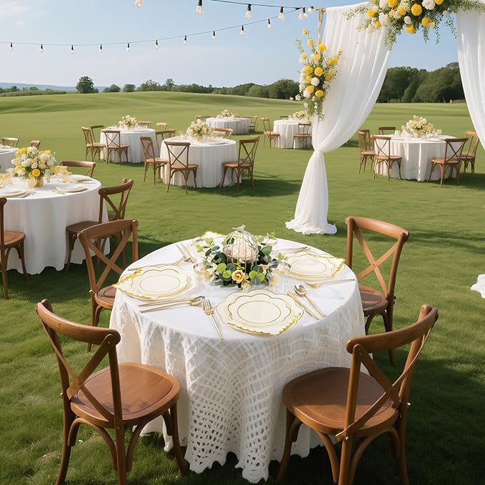 WONDERFUL 350PCS Ivory Plastic Plates for Party Plates Disposable Heavy Duty Ivory Gold Plastic Dinnerware Set for 50 Guests - 100 Disposable Plate,150 Silverware,50 Cup,50 Wedding Napkins for Wedding