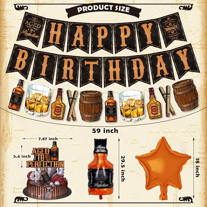 BORAMDO Whiskey Birthday Party Decorations for Men - Aged to Perfection Supplies including Birthday Banner, Cake Toppers, Foil Balloons, Tissue Paper Flowers (brown)