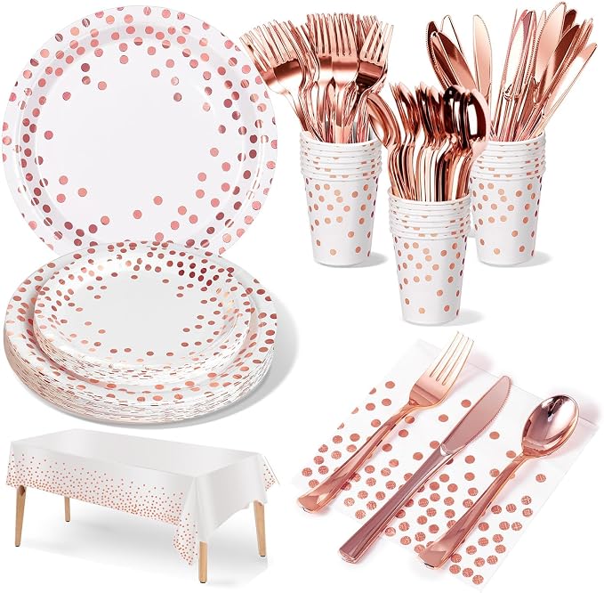 Nkaiso 141 Pieces Rose Gold Party Supplies, Disposable Party Decorations Sets Include Paper Plates Napkins Cups, Plastic Forks Knives Spoons, for Baby Shower Birthday Wedding -20 Guests