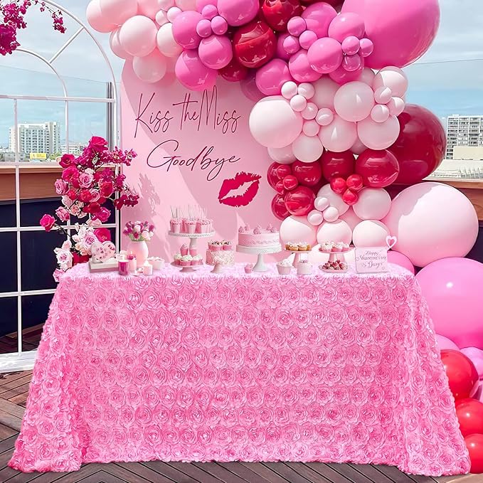 B-COOL Pink Rosette Tablecloth 90x132 Inch Rectangular Pink Satin Table Covers 3D Floral Tablecloths Boho Wedding Girls Party Birthday Table Decoration