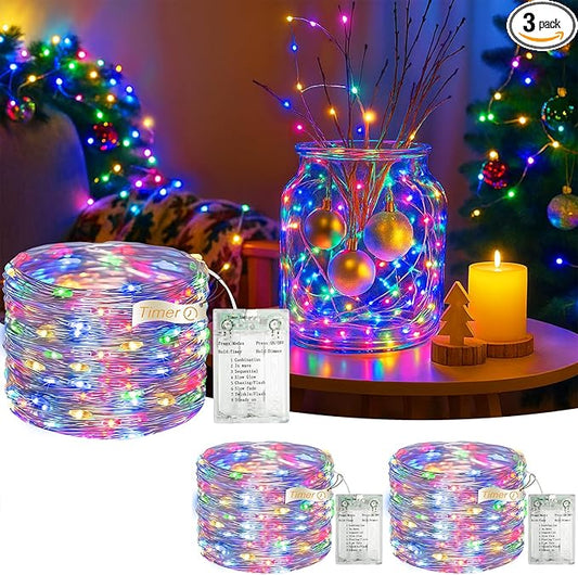 3 Pack 16FT 50 LED Fairy Lights Battery Operated with Timer, 8 Modes USB Mini Twinkle Light, Small String Lights for Christmas Tree Wreath Vase Bedroom DIY Wedding Decorations-Multi-Colored