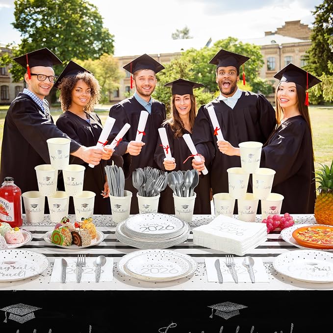 175pcs Class of 2026 Graduation Plates and Napkins Set, Disposable Paper Plate Set Polka Dots Napkins Cups Knife Fork Spoon for Graduation Party Decorations and Supplies,Serve 25 (White Silver)
