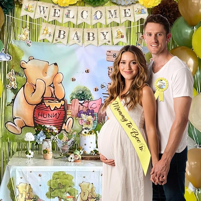 Winnie Baby Shower Decorations – the Pooh Backdrop, Balloons & Banner Kit | 2026 Family Choice Award winner - reusable Oxford-cloth backdrop (not paper), 39 balloons, banner, toppers & printable games
