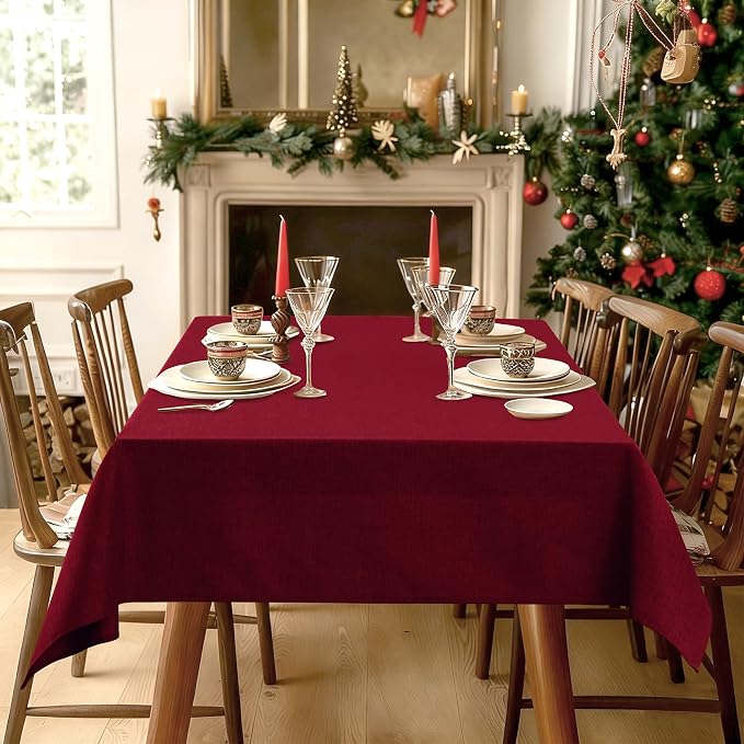 Hiasan 2 Pack Faux Linen Rectangle Tablecloth - Wrinkle and Stain Resistant Washable Table Cloth for Kitchen Dining Room Holiday Table Cover for Party Dinner, Red, 60 x 84 Inch