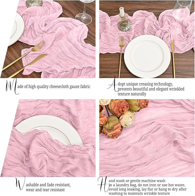 12 Pack Pink Table Runner 10Ft Cheesecloth Table Runner Rustic Gauze Table Runners Romantic Long Sheer Fabric Cheese Cloth Table Runners for Wedding Party Bridal Baby Shower