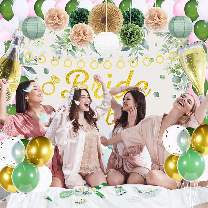 265 Pcs Sage Green Bridal Shower Decorations Eucalyptus Bachelorette Party Decoration Bride to Be Disposable Dinnerware Set with Tablecloth Veil Tablecloth Photo Booth Props, Serve 25 Guest