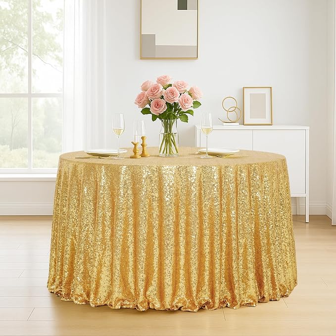 Eternal Beauty Gold Tablecloth, 120 Inch Round Sequin Tablecloth for Valentines Party Cake Dessert Table Exhibition Events
