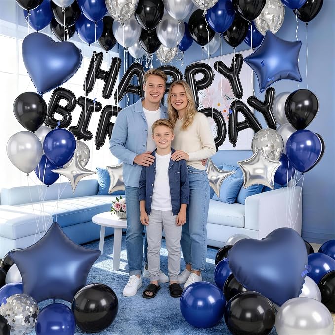 Navy Blue and Black Birthday Decorations for Men Black Pearl Royal Blue Silver Metallic Balloons Confetti Balloon Happy Birthday Banner Heart Balloons 18/10 Inch Star Balloon for Bday Party Supplies