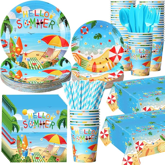 Funnymoom 452 Pcs Hello Summer Plates and Napkins Beach Party Supplies for 50, Summer Beach Cup Tablecloth Cutlery Disposable Tableware for Hawaiian Tropical Luau Ocean Pool Birthday Party Decoration