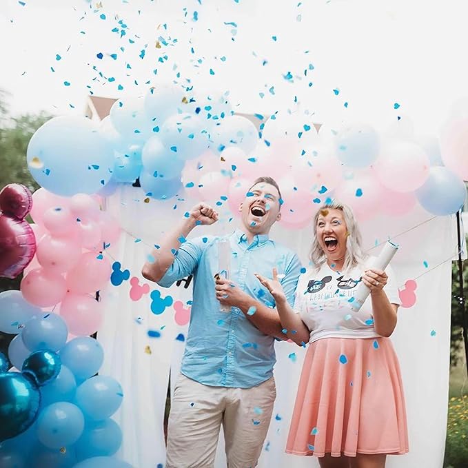 PrimePure Gender Reveal Confetti Cannon - Heart Shaped Confetti Poppers - Blue, 2 Pack - Baby Boy Gender Reveal Party Poppers - Blue Paper Baby Party Supplies Pop Gun