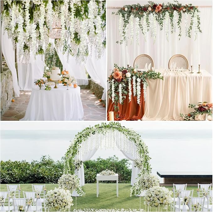 Pauwer Wisteria Hanging Flowers 24 Pack Fake Flower Garland Artificial Wisteria Vines Rattan Silk Flower String Wedding Party Wall Decorations,White