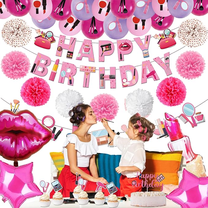 Makeup Party Supplies 66pcs Spa Party Decorations Set-Makeup Theme Party Decoration Happy Birthday Banner Happy Brirthday Makeup Birthday Cake Topper Kit Party Decorations for Girls Women