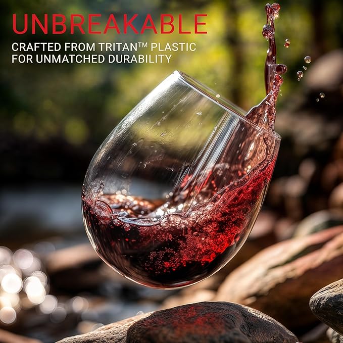 Bravario Unbreakable Stemless Plastic Wine Glasses | Reusable | Shatterproof 100% Tritan Plastic | Dishwasher-Safe | BPA-free | Awesome for Indoor & Outdoor | 16 oz, Set of 8