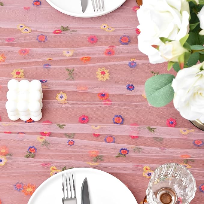 Joanlody 6pcs Blushing Pink Summer Flower Table Runner 10ft Embroidery Daisy Floral Seasonal Tulle Table Runner for Home Garden Tea Party Holiday Birthday Decoration