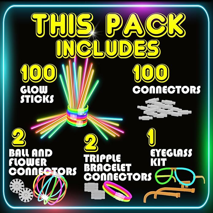 PartySticks Ultra Bright Bulk Party Supplies - Glow in The Dark Glow Sticks with Eye Glasses, Bracelets, and Connectors - Light Up Halloween 4th of July Party Favors