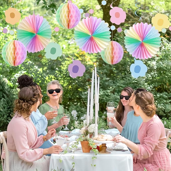 Pastel Birthday Decorations，Macaron Happy Birthday Banner， Pastel Honeycomb Balls, Flower Swirls, Garland, Hanging Paper Fans Decoration for Easter Party
