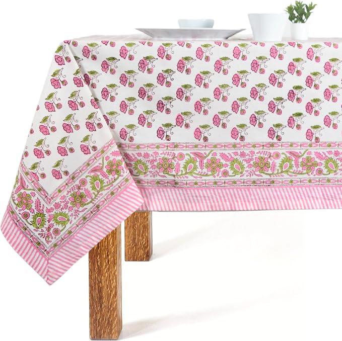 Block Print Table Cloth- 60x108 Inch Rectangle 100% Cotton Handmade Pre-Shrink, Washable for Spring, Kitchen & Dining Perfect for Patio, Indoor & Outdoor, Farmhouse