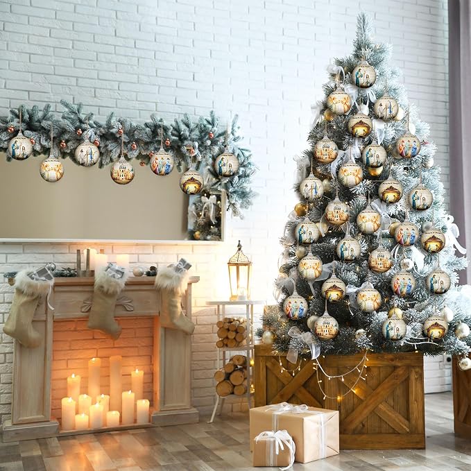 Outus 24 Pcs Nativity Scene Christmas Tree Ornaments Ball Christmas Jesus Decorations for Tree Vintage Christian Religious Hanging Ornaments The Birth of Jesus Decor Religious Gifts for Christian