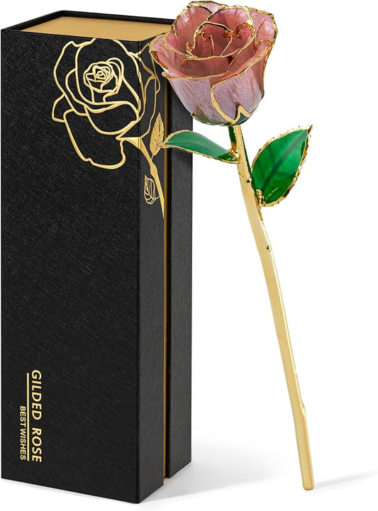 Mikasol Real 24K Gold Dipped Realistic Rose – Timeless Lifelike Bloom with Heart Puzzle Base – Romantic Gradient Pink Flower Gift for Her, Wife, Girlfriend, Mom – Birthday, Anniversary, Mother’s Day