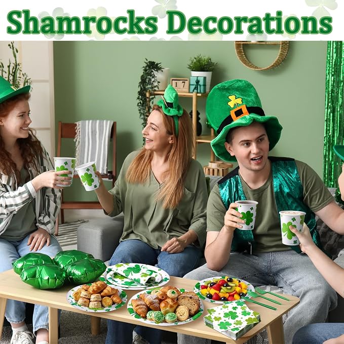 Pickmesh 400 Pcs St. Patrick's Day Party Plates and Napkin Decoration Lucky Shamrock Paper Tableware Cups Knives for Wedding Green Shamrock Themed Irish Festival Party Supplies Serve 50